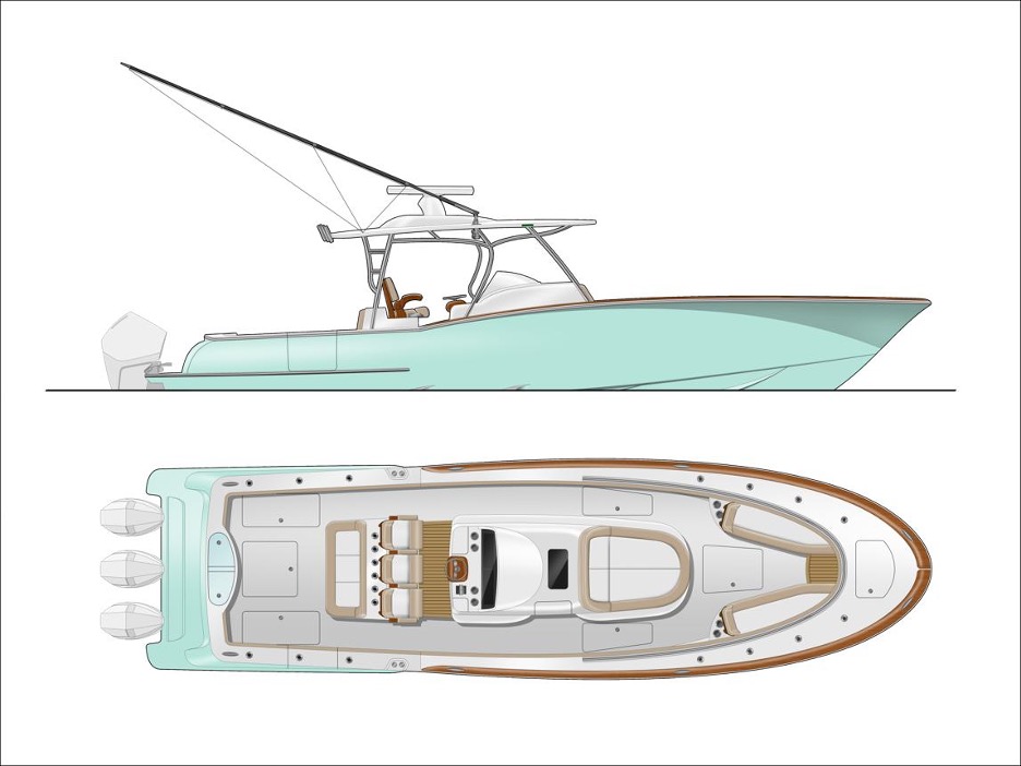 Side and overhead design illustration of a center-console boat